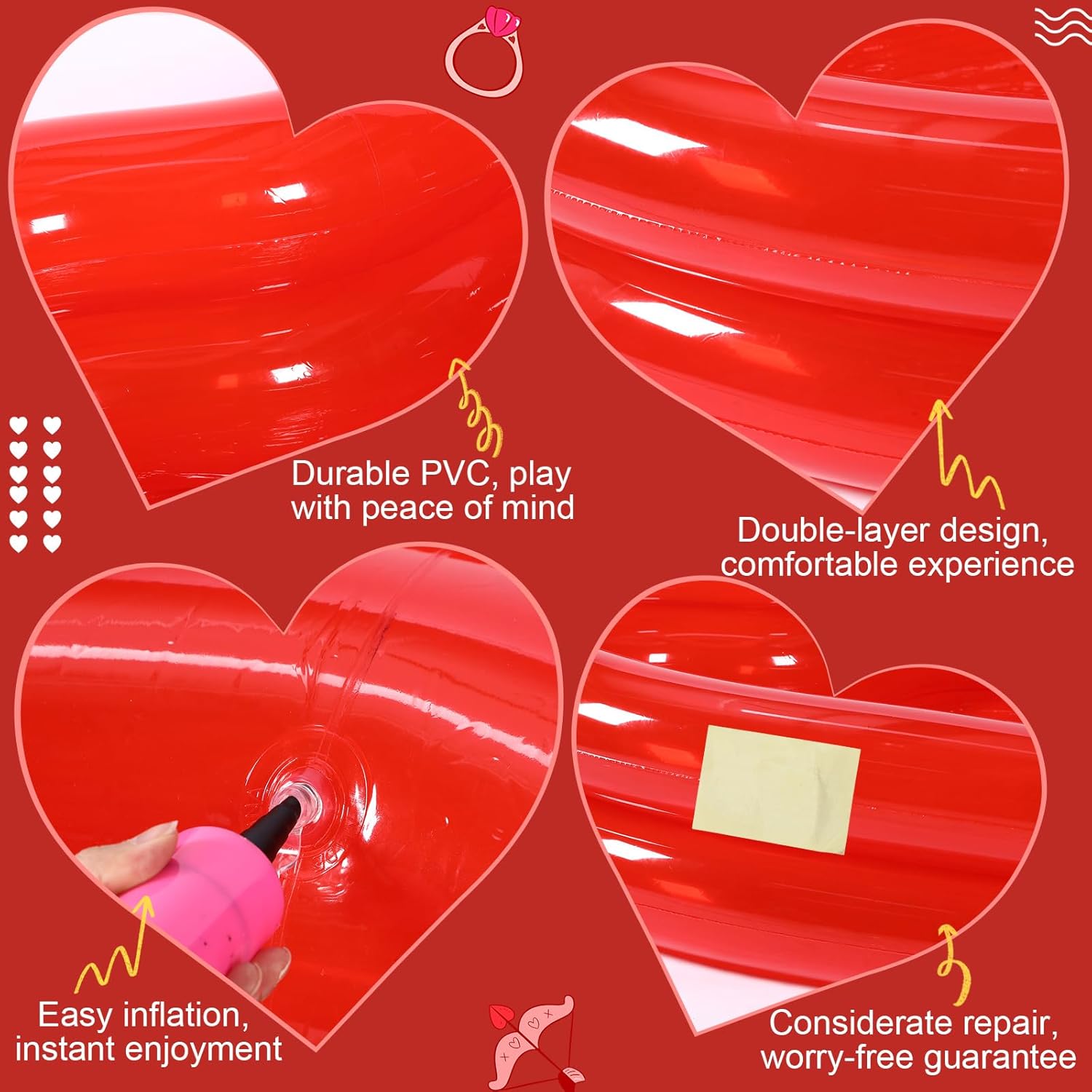 Skylety Giant Heart Inflatable Swimming Pool, Year-Round Fun for Ball Pits, Fits 2-3 Adults with Patches, Swimming Pools, a Summer Pool Party and The Beach Date Night(Red)
