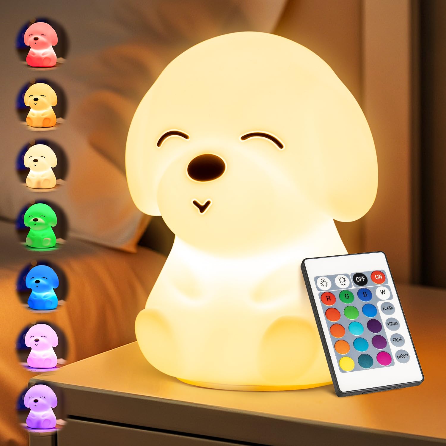 Mubarek Kids Night Light Cute Lamp, Remote+16 Colors Night Lamp for Bedroom, Dimmable Night Light, Timer for Kids Lamp, Battery Operated Kawaii Room Decor,Cute Dog Gifts Puppy Gifts for Boys
