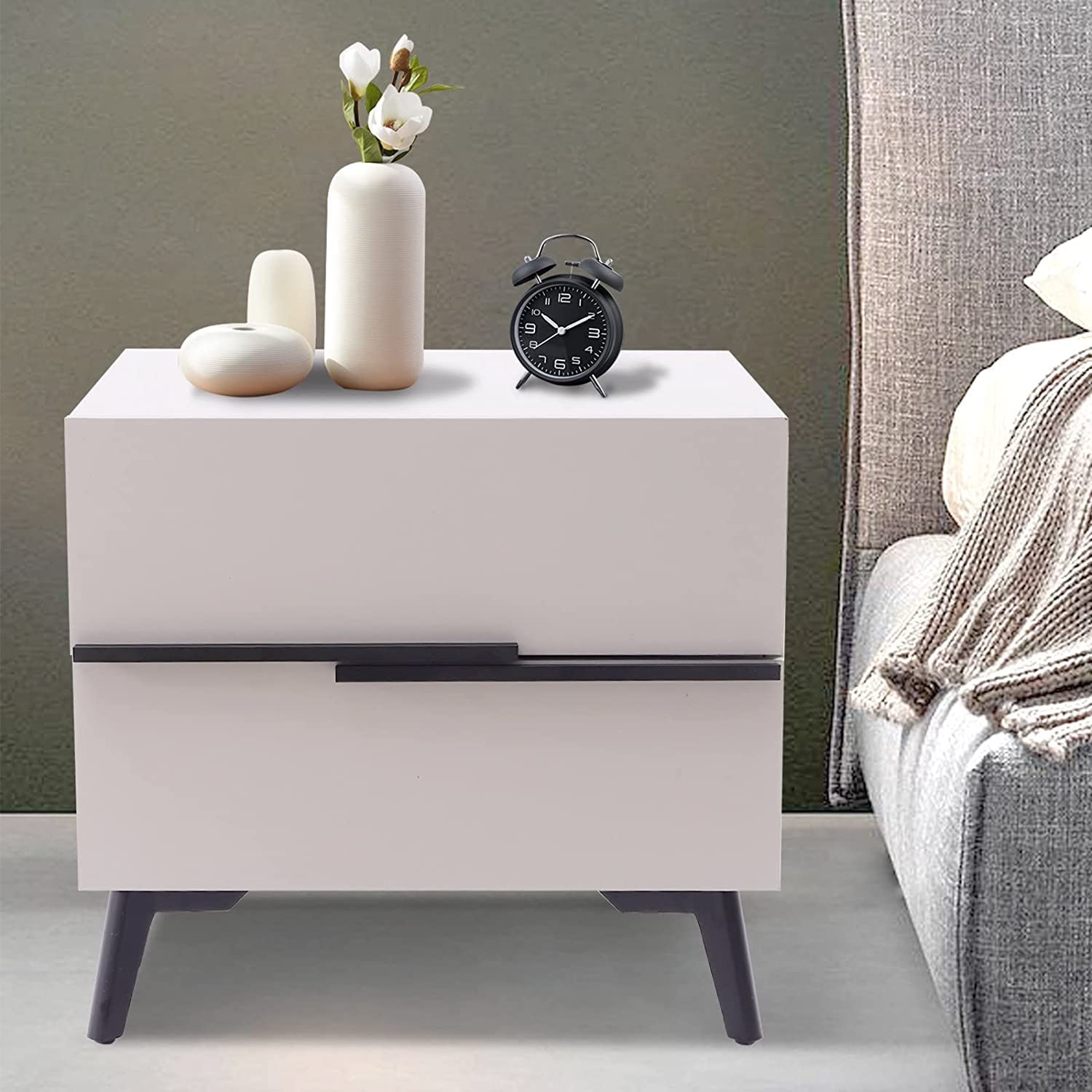 Homes ElementModern Bedside Table Nightstand End Table Organizer Stand with 2 Storage Drawer for Bedroom Living Room Coffee Table Space Saving Furniture Engineering Wood (48x41x44 cm) BST-009 (Beige)