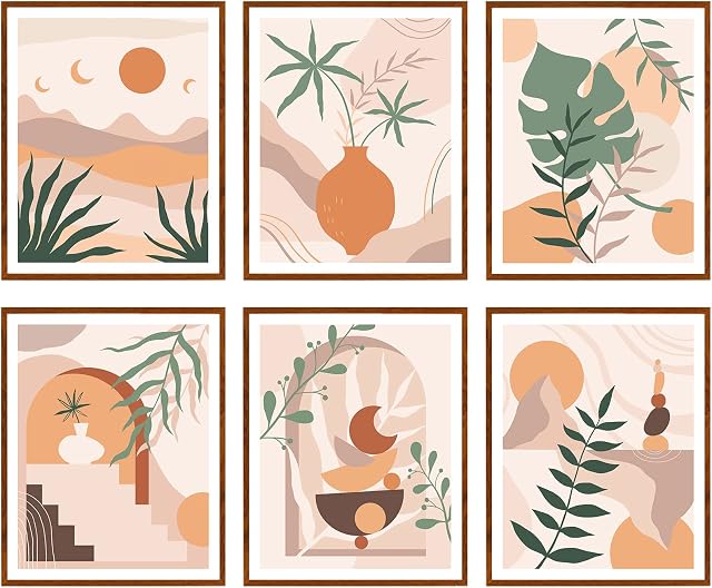 HOMANGA Boho Abstract Wall Art, Modern Abstract Geometric Wall Art Prints, Mid Century Art Painting Poster for Bedroom Living Room Office Home Decor (Unframed, Set of 6, 20x25 CM)