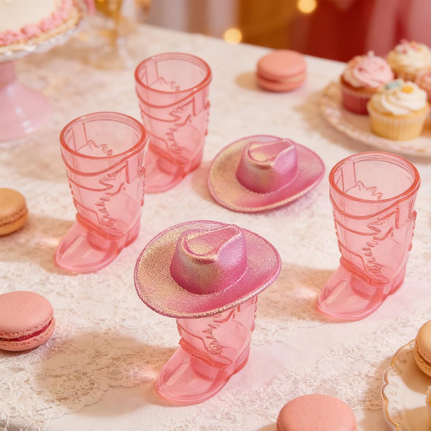 10-Piece Mini Pink Cowboy Boots and Hats Shot Glasses Set - Cute Funny Plastic Shot Glasses for Western Cowgirl Birthday Party Decorations and Favors