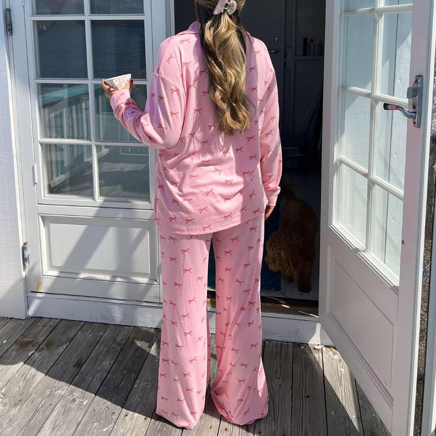 Womens Pajamas Set,Women Pajama Long Sleeve Cute Print 2 Pieces Pants Pjs | Pajamas For Women Set Postpartum Button-Down Two Piece Shirt With Pants Long Sleeve Vacation Clothes Womens Pajamas Set Green