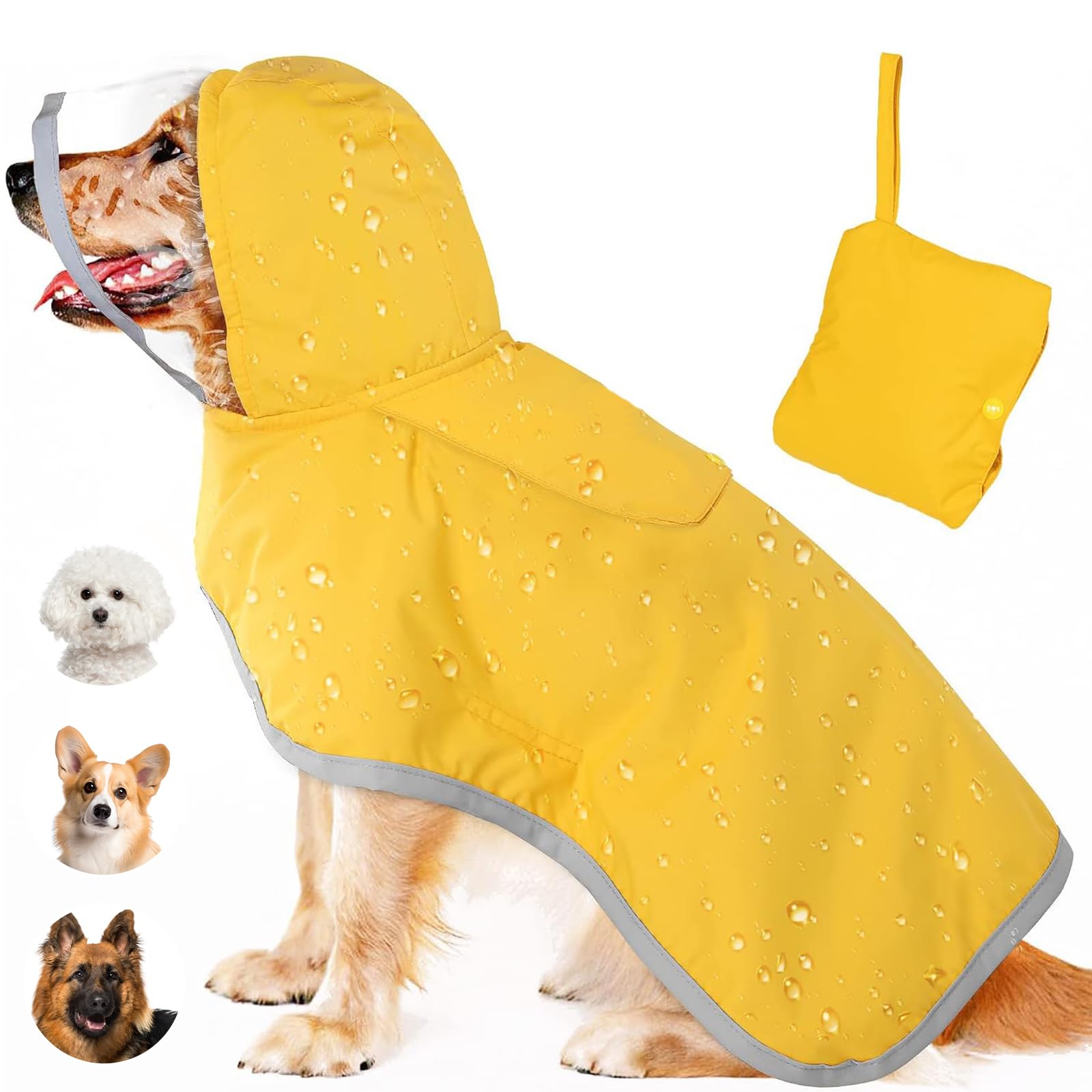 Dog Raincoat for Small Medium Large Dogs, Waterproof Dog Rain Jacket with Hood, Adjustable Puppy Raincoat Poncho with Reflective Straps, Lightweight Puppy Clothes for Doggy (Yellow, S)