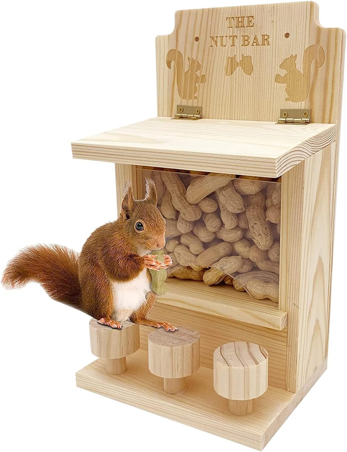 Squirrels Feeders for Outside Hanging Wood Squirrels Picnic Table Feeder with 3 Chairs Falling-Proof Feeder with Stall Bar for Fences and Trees