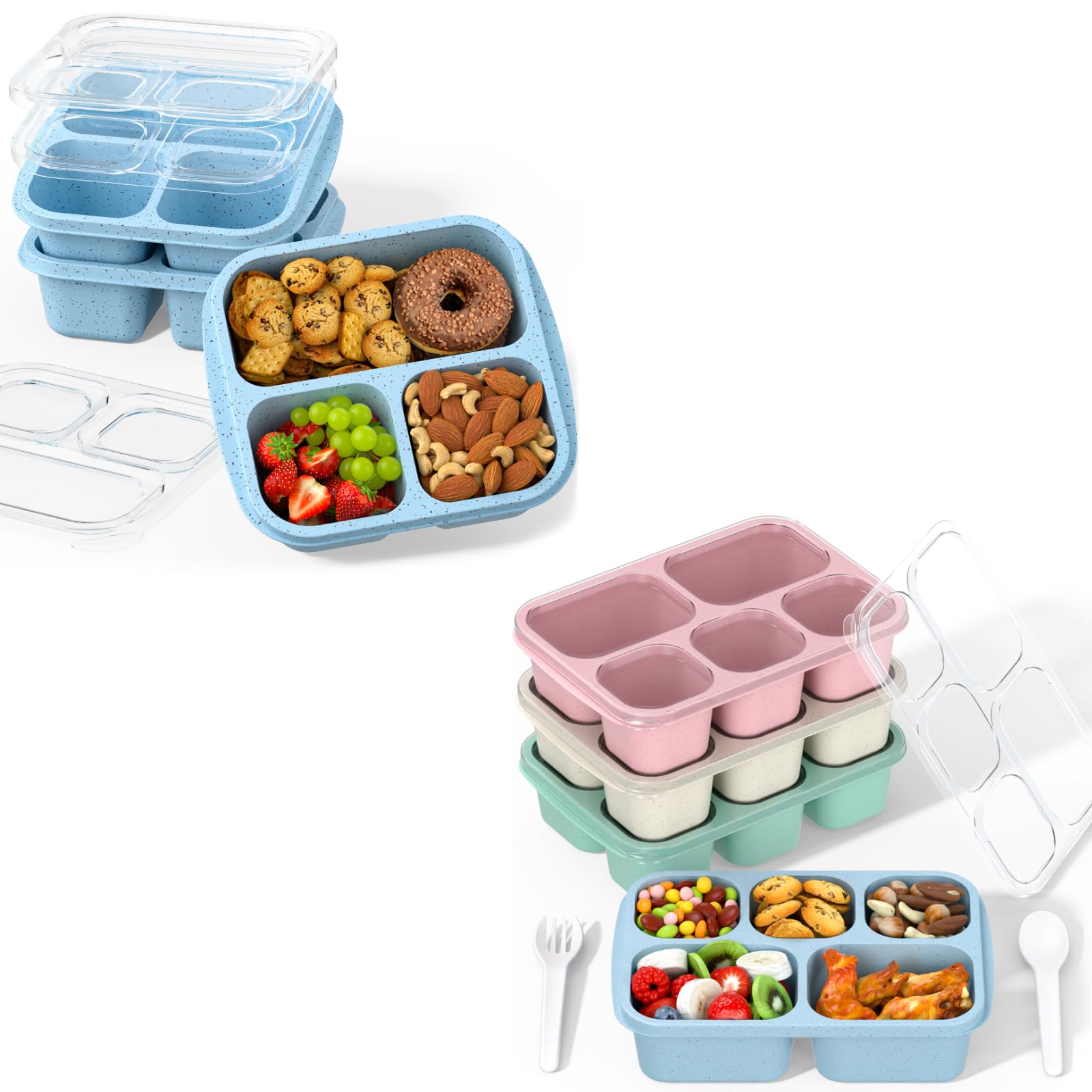 Bento Box Adult Lunch Box - 4 Pack, 5 - Compartment & Snack Boxes (3 Pack) - Stackable Bento Boxes with 3 Compartments