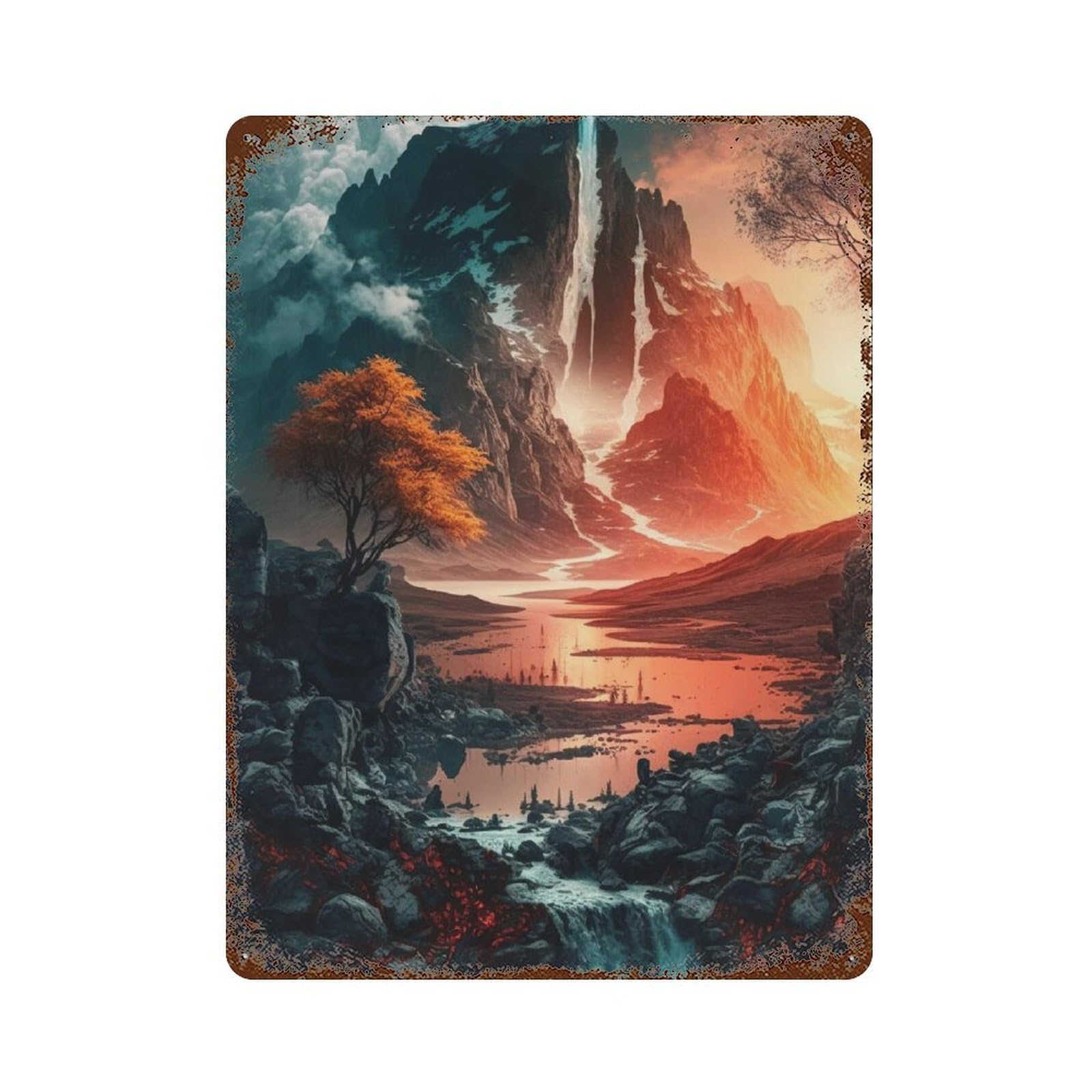 Volcanic Waterfall Landscape Vintage Wall Sign 15.7"x11.8", Rust Effect Metal Decor for Shed, Workshop And Garage Wall Decor