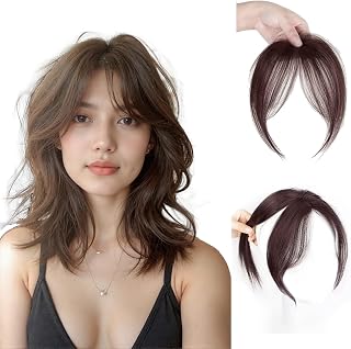 NICENEEDED Clip in Bangs Side Parted Hair Toppers, Clip on Bang Hairpiece Wispy Fake Bangs Clip in Hair Extensions for Women Daily Wear(Dark Brown) Halloween