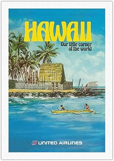 Hawaii - United Airlines - City of Refuge Honaunau Bay - Vintage Airline Travel Poster by Michael Hagel c.1970s - Fine Art Rolled Canvas Print (Unframed) 27in x 40in
