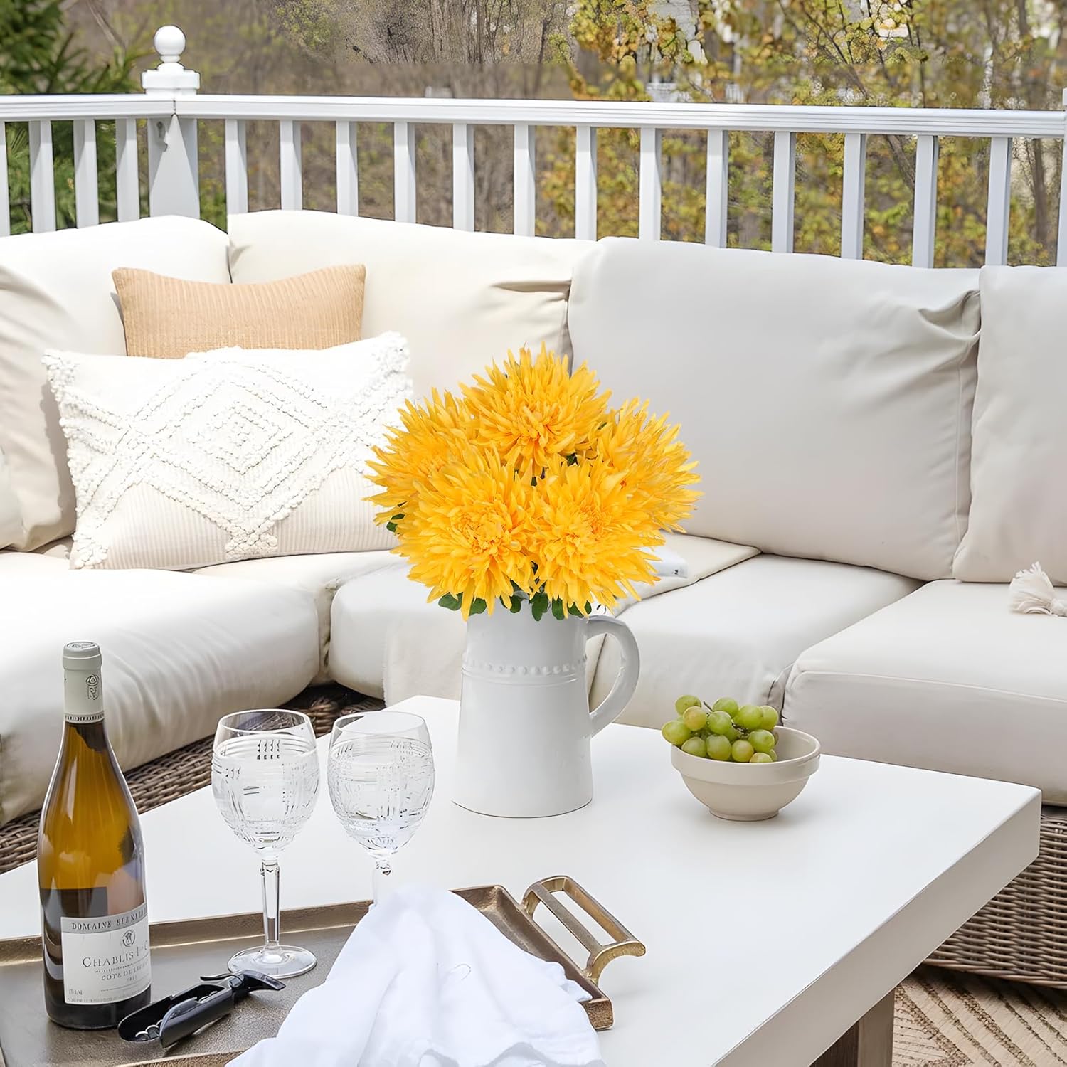 Hollyone Yellow Artificial Mums Flowers Bush 5 Heads Silk Chrysanthemum Flowers Stems Wedding Bouquets Faux Spider Mum Flowers Large Floral Arrangements Fake Pincushion Flower for Home Decor - Image 7