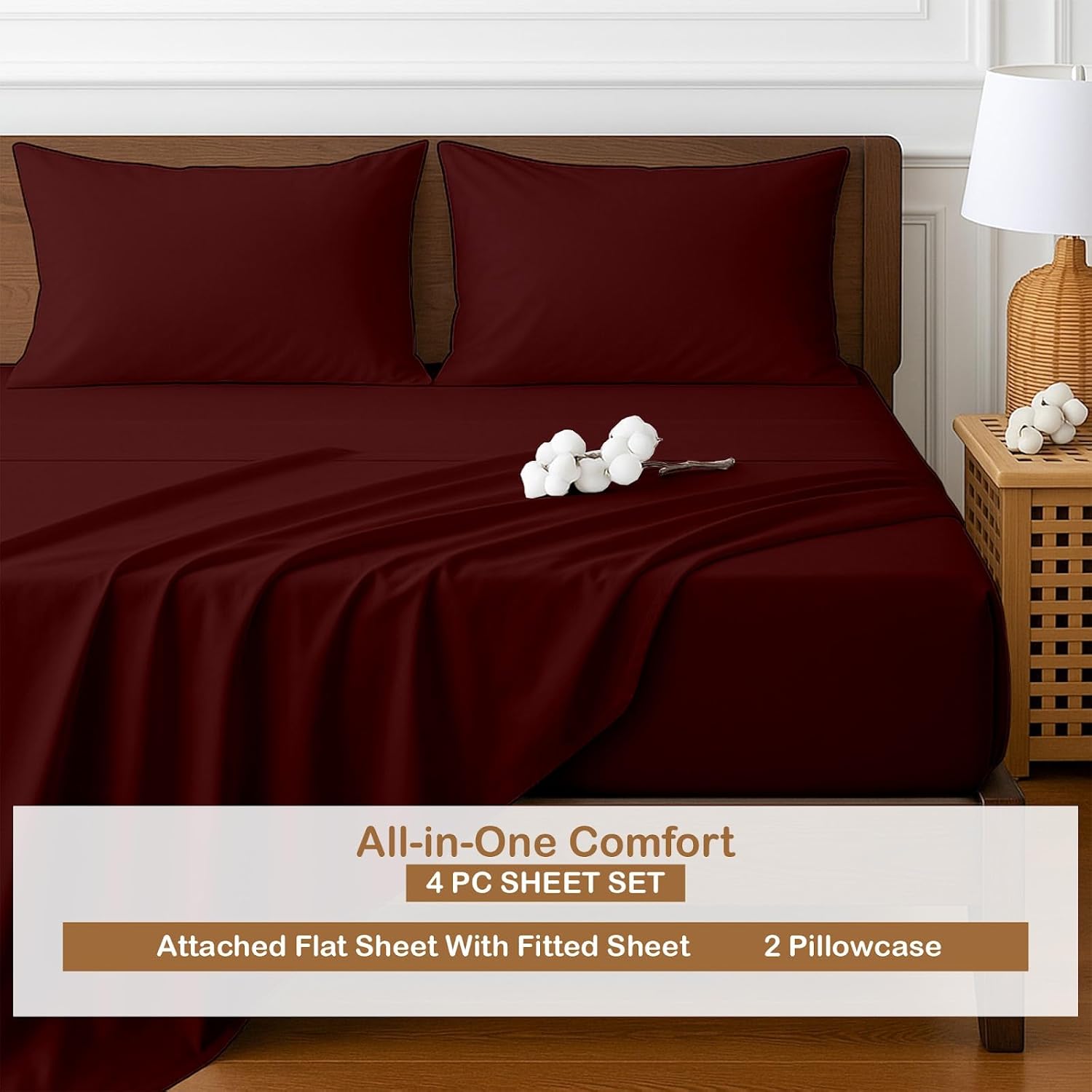 ARlinen Queen Waterbed Sheet Set - 4 Piece, 100% Cotton, 12 Inch Deep Pockets, Attached Design, Extra Soft Solid Burgundy Bed Sheets