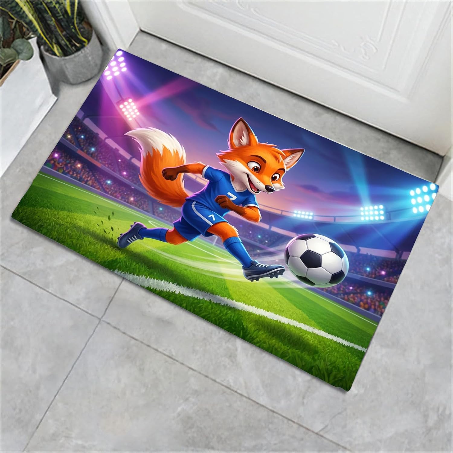 3D Fox Soccer Player Washable Entry Rug 2'X3', Cartoon Animals Non Slip Small Throw Rugs for Kitchen Bathroom, Welcome Front Door Mat Indoor Entrance, Soft Low Pile Carpet, Purple