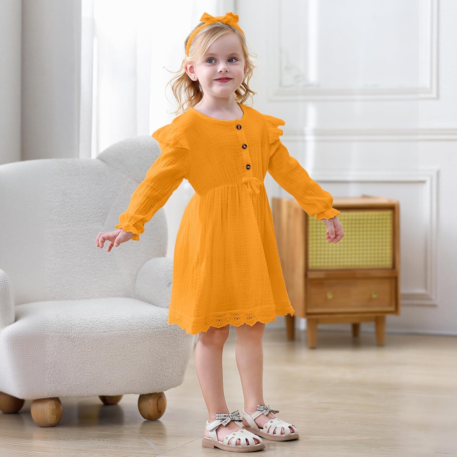 Sinhoon Toddler Fall Dress Baby Girl Dress Ruffle Long Sleeve Toddler Girl Dress Smocked Baby Fall Dresses with Bow Headband - Image 6