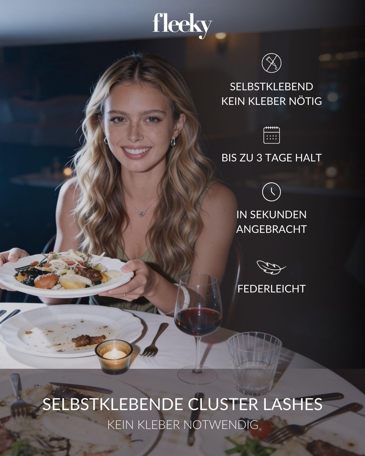 Fleeky Press On Lashes Glam – selbstklebende Wimpern ohne Kleber – Pre Glued Cluster Lashes für voluminösen Look mit bis zu 3 Tage Halt (Family Dinner)