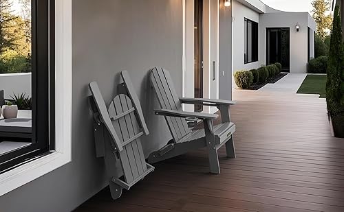 Miniatura 8 de Juego de 2 sillas Adirondack plegables de plástico texturizado de madera con 2 portavasos, sillas Adirondack de polietileno de alta densidad