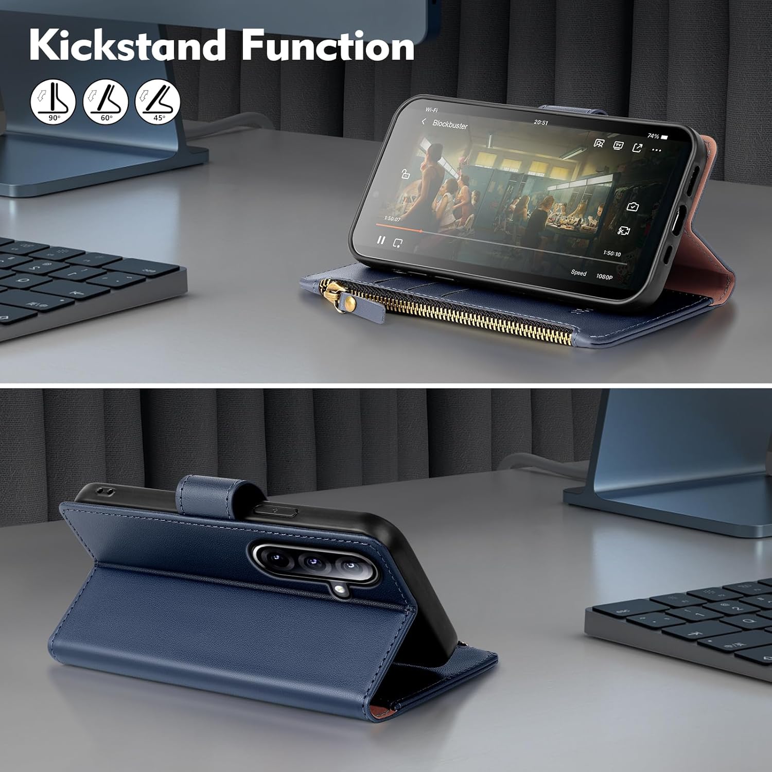 Compatible with Samsung Galaxy A17 5G / A26 5G Wallet Case with Card Holder,PU Leather Phone Case Flip Protective Cover Wrist Strap Zipper Credit Card Slots RFID Blocking Women Men,Blue - Image 6