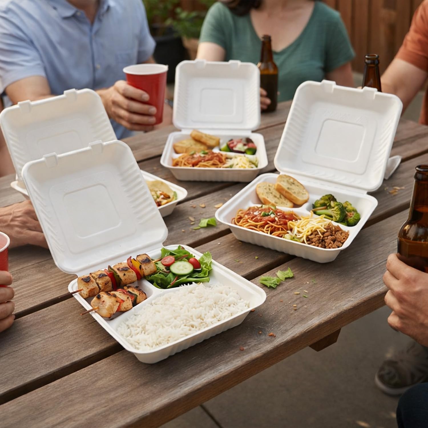 FPN 3 Compartment Clamshell Takeout Boxes 9x9 – 75 Pack Heavy-Duty Compostable Sugarcane Bagasse Food To Go Containers | Microwave Safe Disposable Meal Prep & Restaurant Packaging