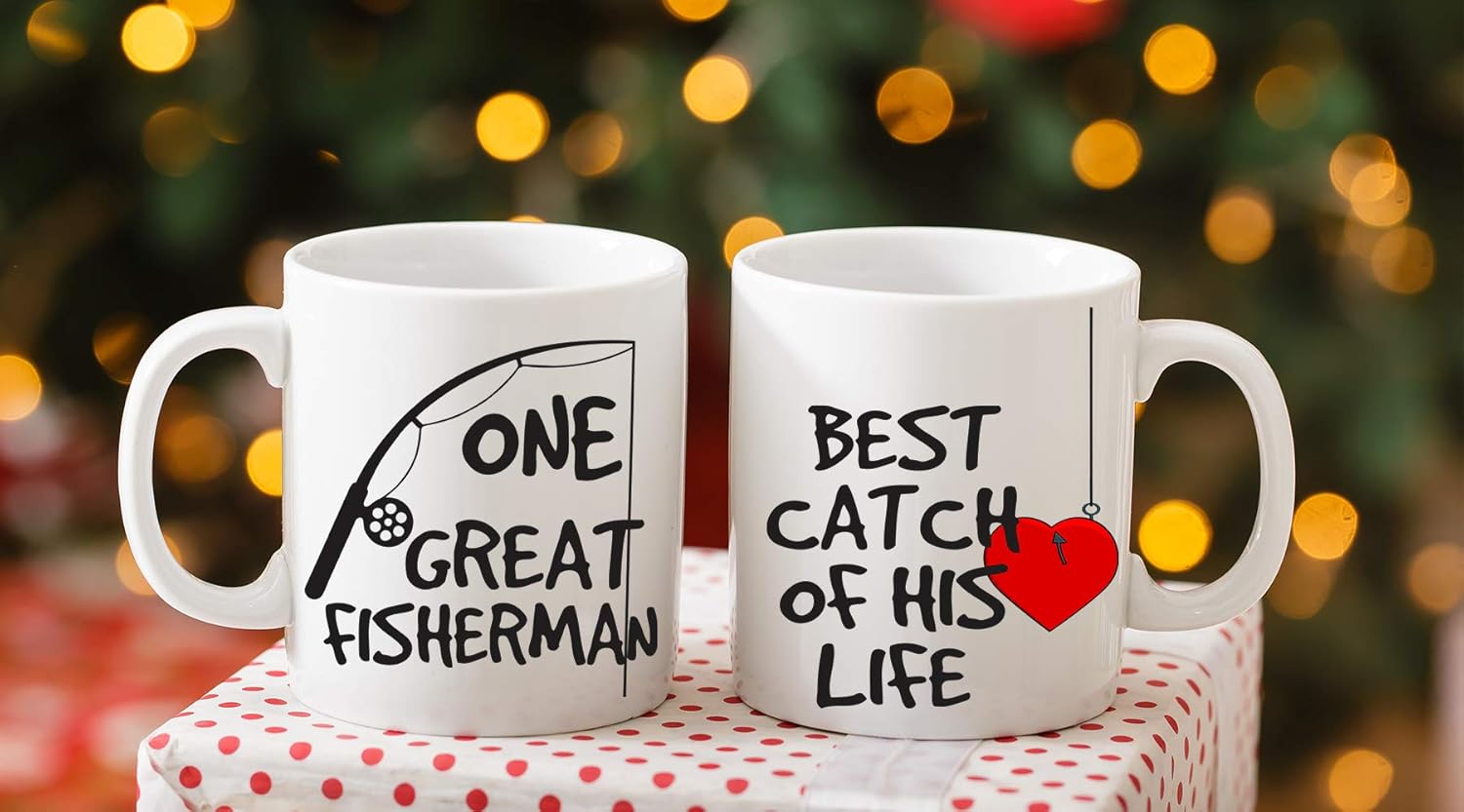 AW Fashions One Great Fisherman, Best Catch Of His Life Couples Mug - Funny Couple Mug - (2) 11OZ Coffee Mug - Funny Mug Gift Set - Mugs For Husband and Wife - Him And Her Gifts - Image 3