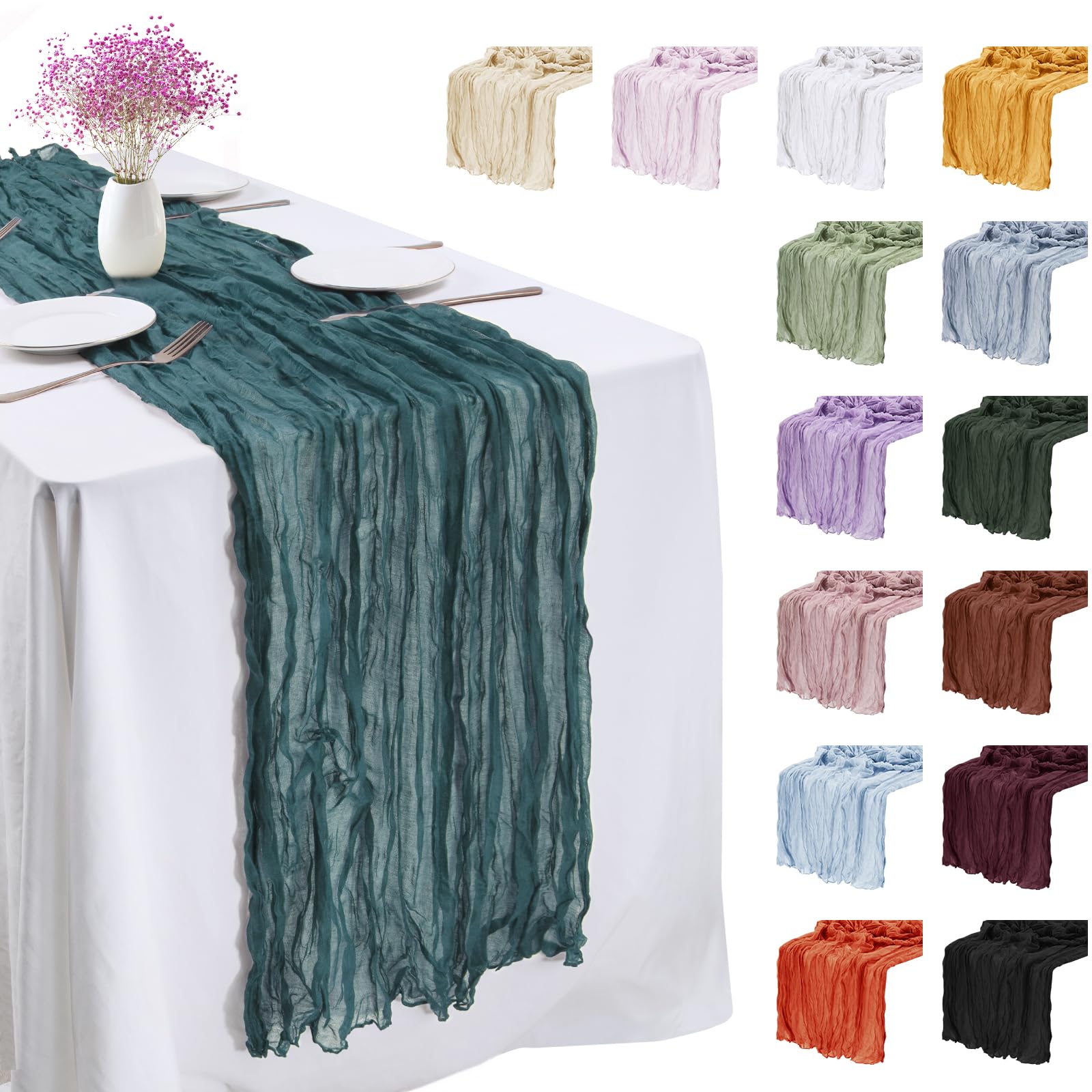 LEREATI 3 Pack Peacock Blue Cheesecloth Table Runner 90cm x 300cm Chiffon Gauze Fabric Sheer Cheese Cloth Table Runner for Dresser Birthday Wedding Dining Room Summer Boho Decoration