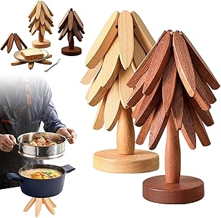Tree Trivet Set, Natural Tree Trivet Set, Wooden TrivetTree, Naturaltreetrivetset - 4 Wooden Trivets, Foldable Trees Shape Trivets Set with Stand, Heat Resistant Pot Holders for Kitchen (Mix)