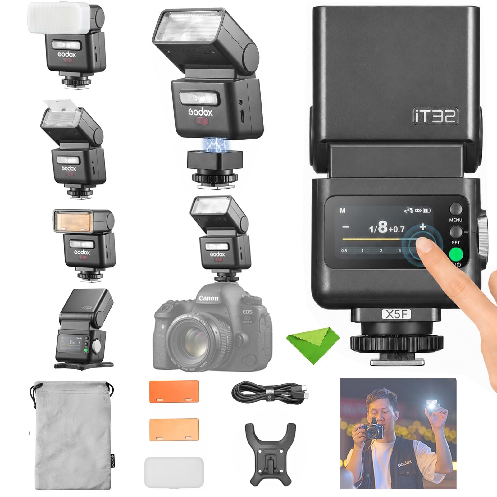 Godox IT32 TTL Flash + X5F per fotocamere Fujifilm Fuji, flash con schermo touch, wireless 2.4G, GN18, tempo di ricarica 1,5 s, interfaccia magnetica, flash on/off per fotocamera
