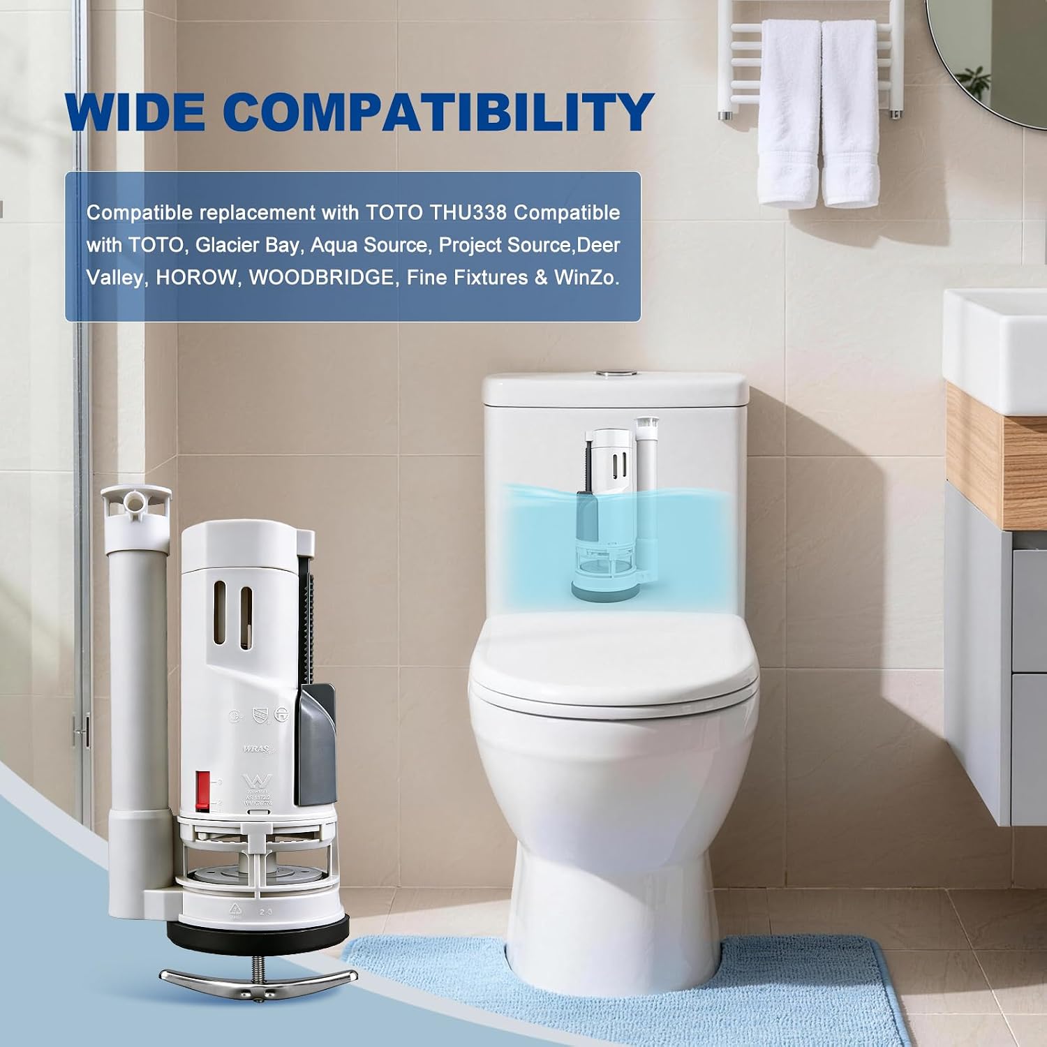 2 Inch Toilet Flush Valve Replacement, Compatible with Water Ridge Dual Flush Valve Kit for One-Piece Toilets, Top Push Button, Fits TOTO THU338, Toilet Repair Part with Leak-Free Seals