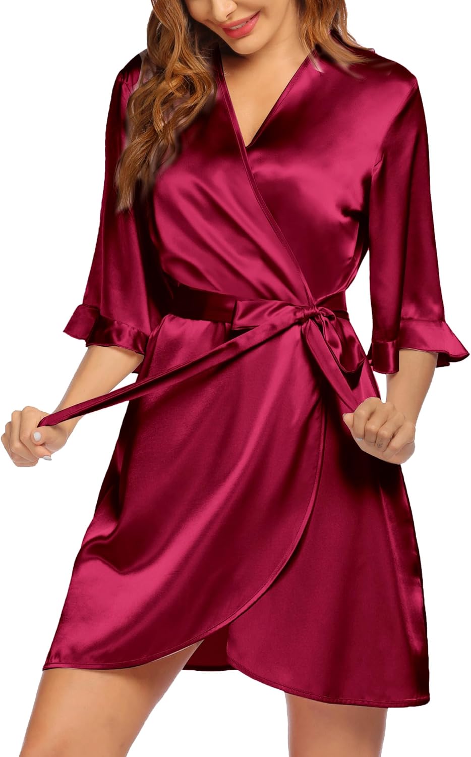 Ekouaer Women's Satin Robe Valentines Lingerie for Women Kimono Bathrobe Short Ruffle Belted Robes Bridesmaids Sleepwear - Image 2