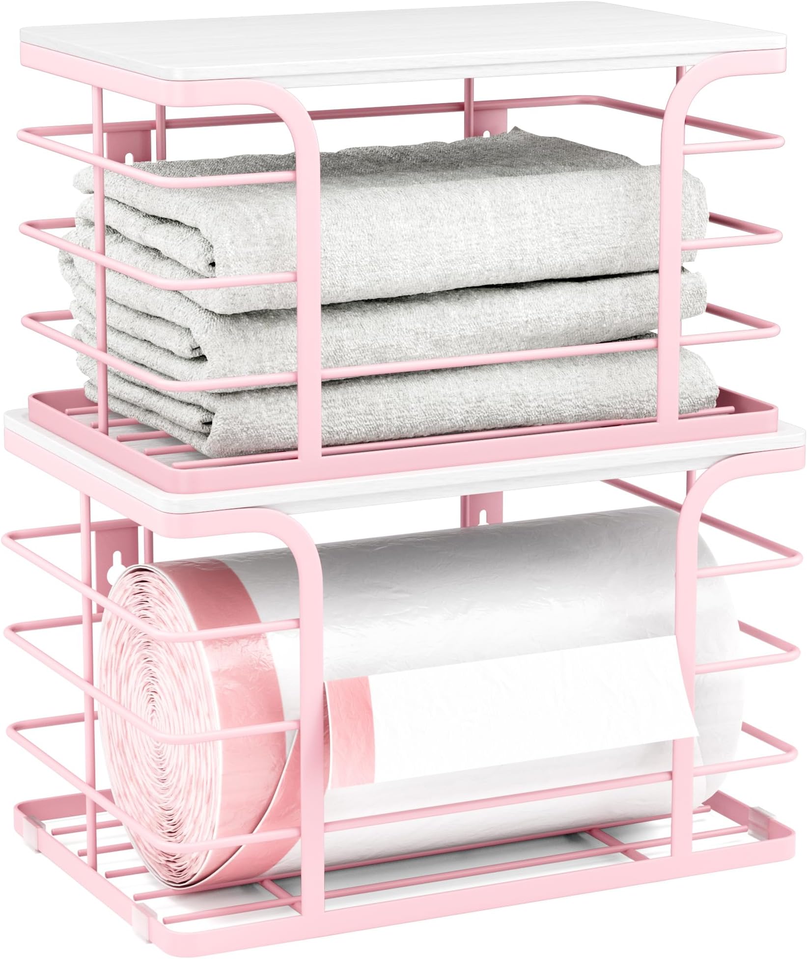 2 Pack Extra Large Stackable Pantry Storage with Bamboo Top,Wall Mount Trash Bag Dispenser Roll Holder for Kitchen Pantry Laundry Room,Pink