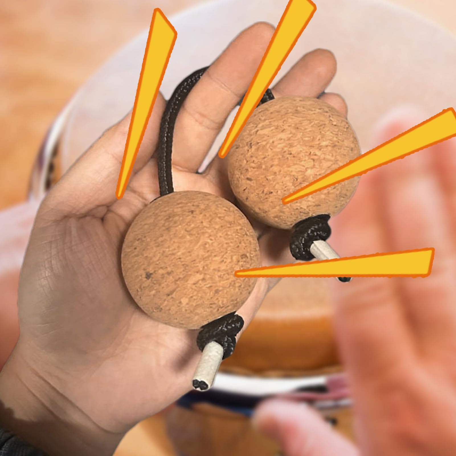 Asalato - Set di ritmiche in sughero, 5 cm, con impugnatura a mano, palla kashaka con suono di sabbia, corda regolabile, strumento ritmico Kashaka per musica teatrale e insegnamento