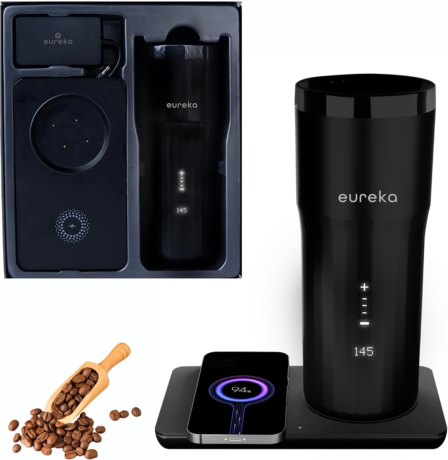 Eureka Smart Heated Coffee Mug.12oz Self Heating Tumbler with 3H Rechargeable Battery Wireless Charger. 360°Leak Proof Lid, Electric Travel Mug, Temp Control, LED Display Cordless Coffee Warmer