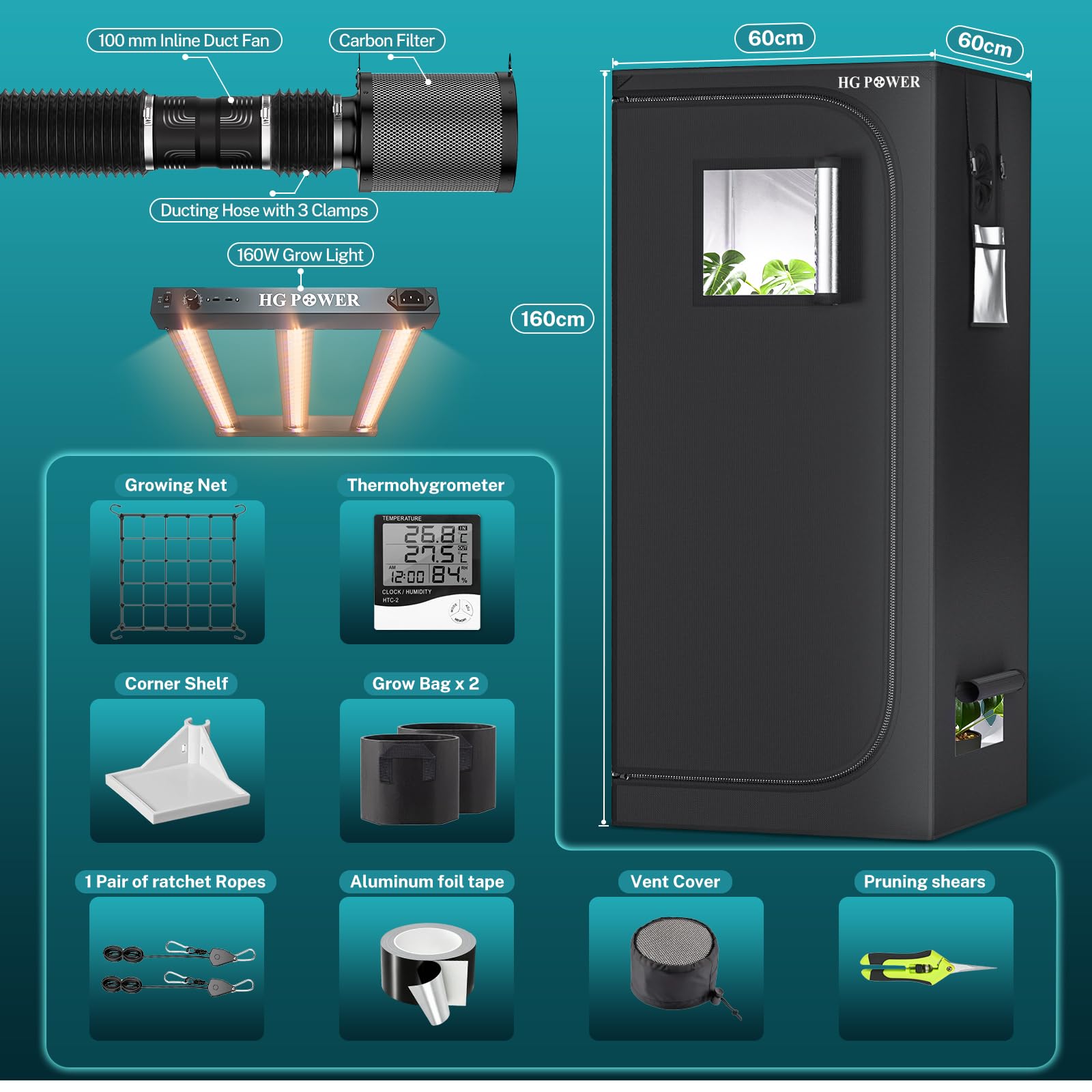 HG Power Kit Culture Indoor 60x60x160 cm avec Lampe Horticole LED 160W | Spectre Complet Double Mode (UV+FR), Extracteur d’Air 100 mm à Vitesse Réglable et Filtre à Charbon Actif