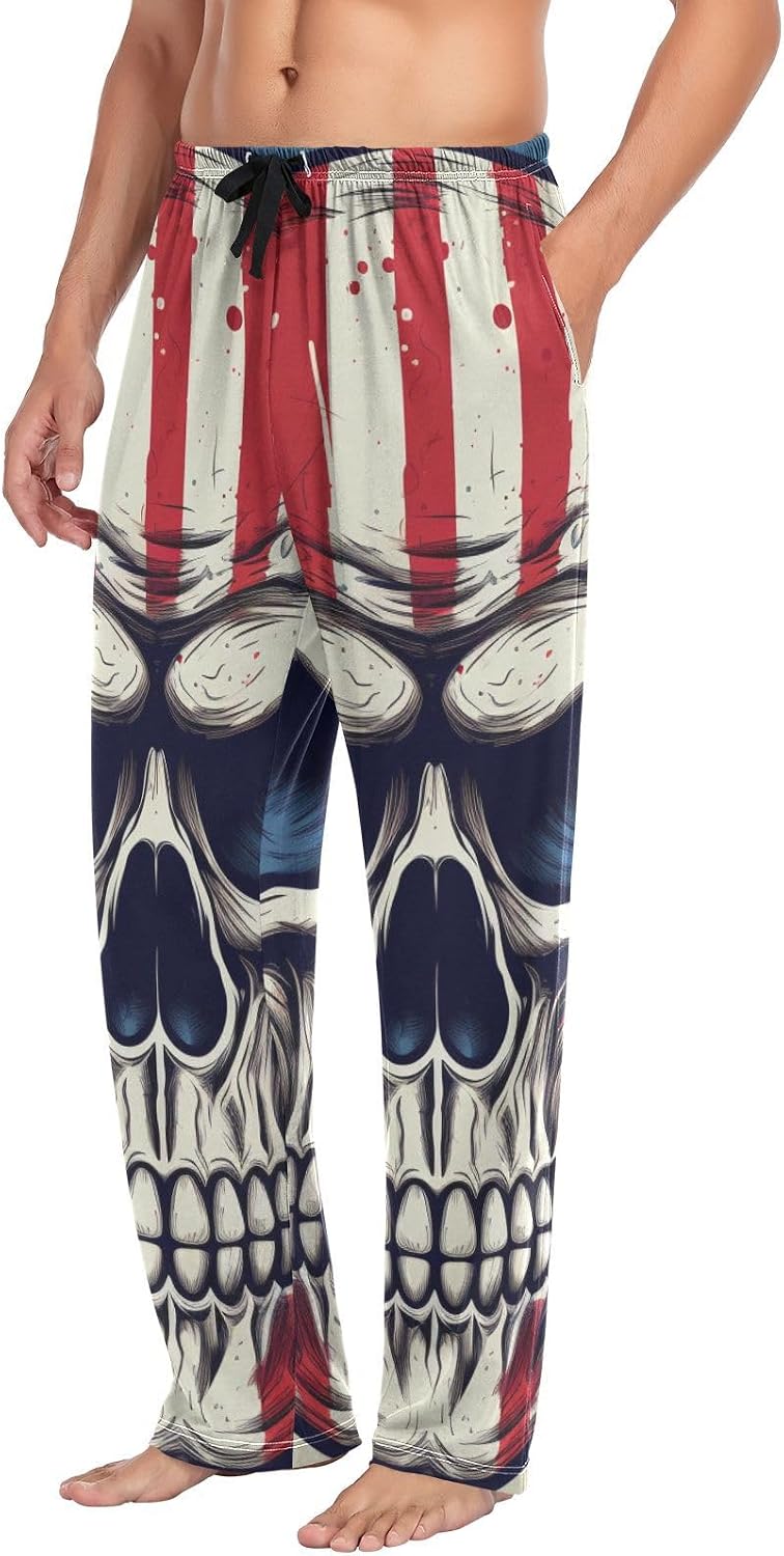 ALAZA American Flag Skull Men's Sleepwear Mens Pajama Pants Bottoms with Pockets, S
