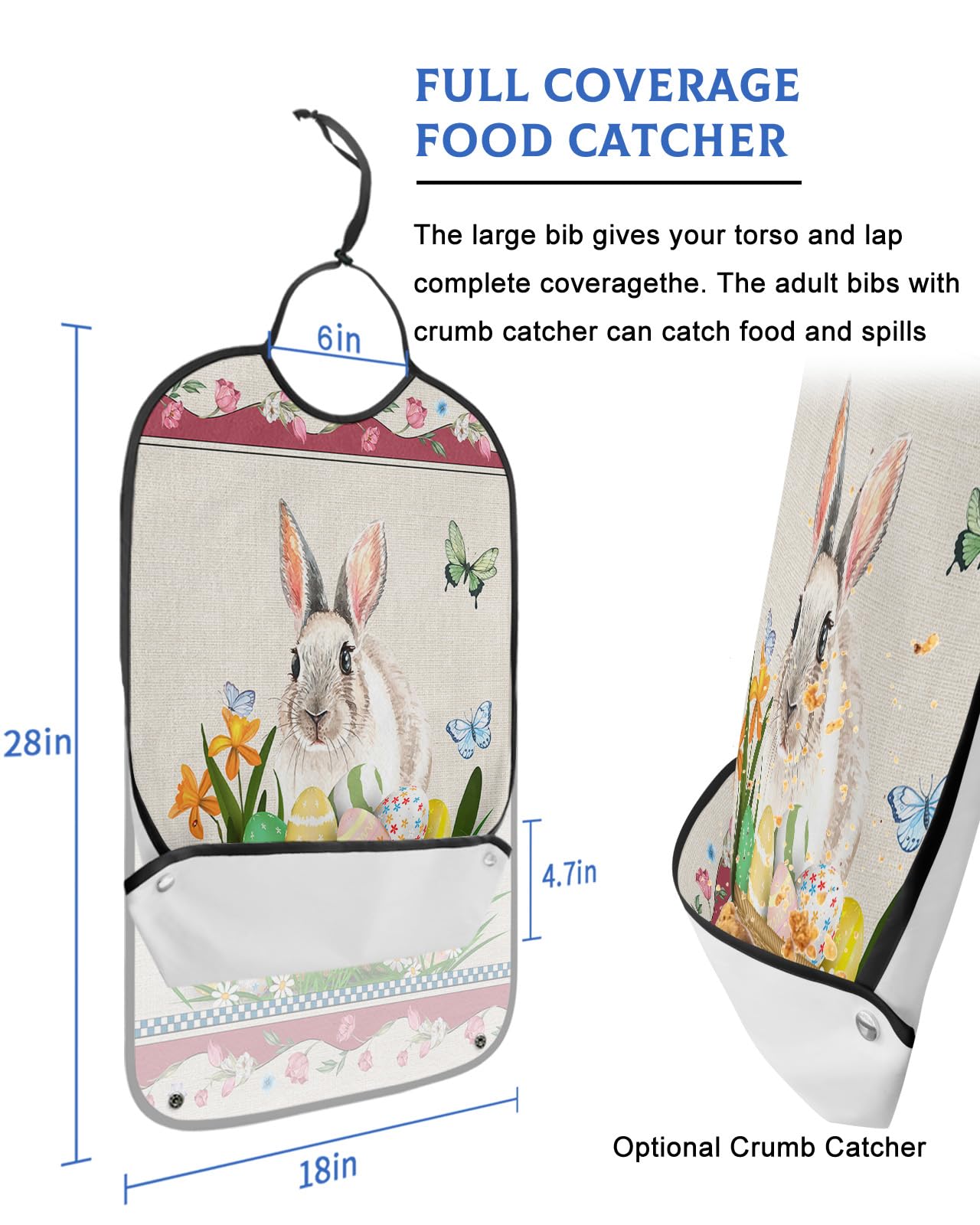 Spring Easter Adult Bibs for Eating, Waterproof Bibs with Food Catcher & Adjustable Snap Closure, Tulip Bunny Colorful Eggs Easter Basket Washable Clothing Protectors Adult Bibs for Elderly Women/Men