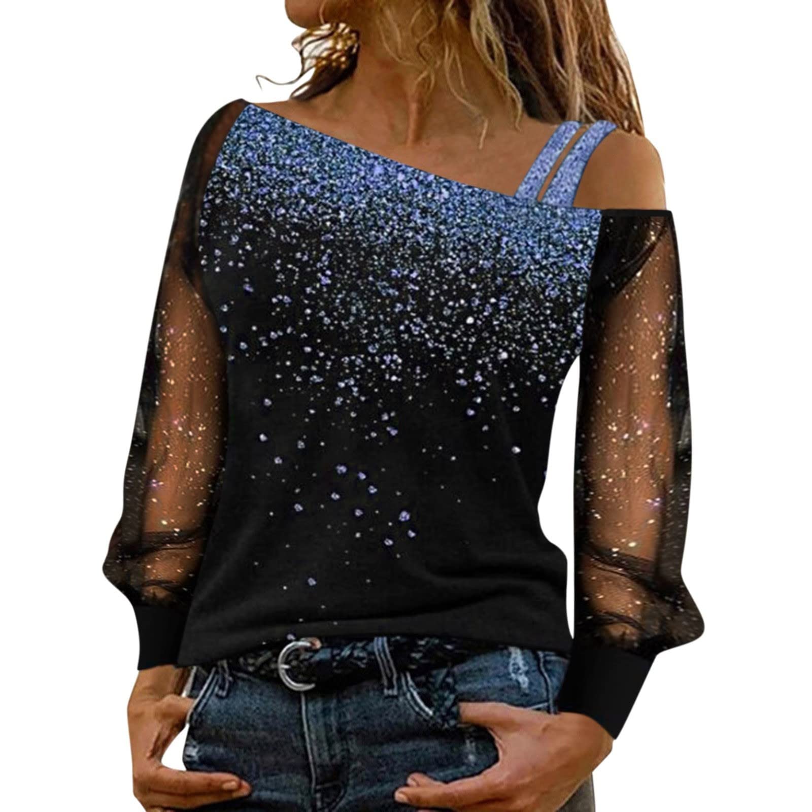 2022 Camiseta Manga Larga Mujer, Verano Moda Impresión Elegante Blusa Camisa Malla Manga Camiseta un Hombro Sexy Suelto Tops Cuello en V Casual Fiesta T-Shirt Original cómodo tee