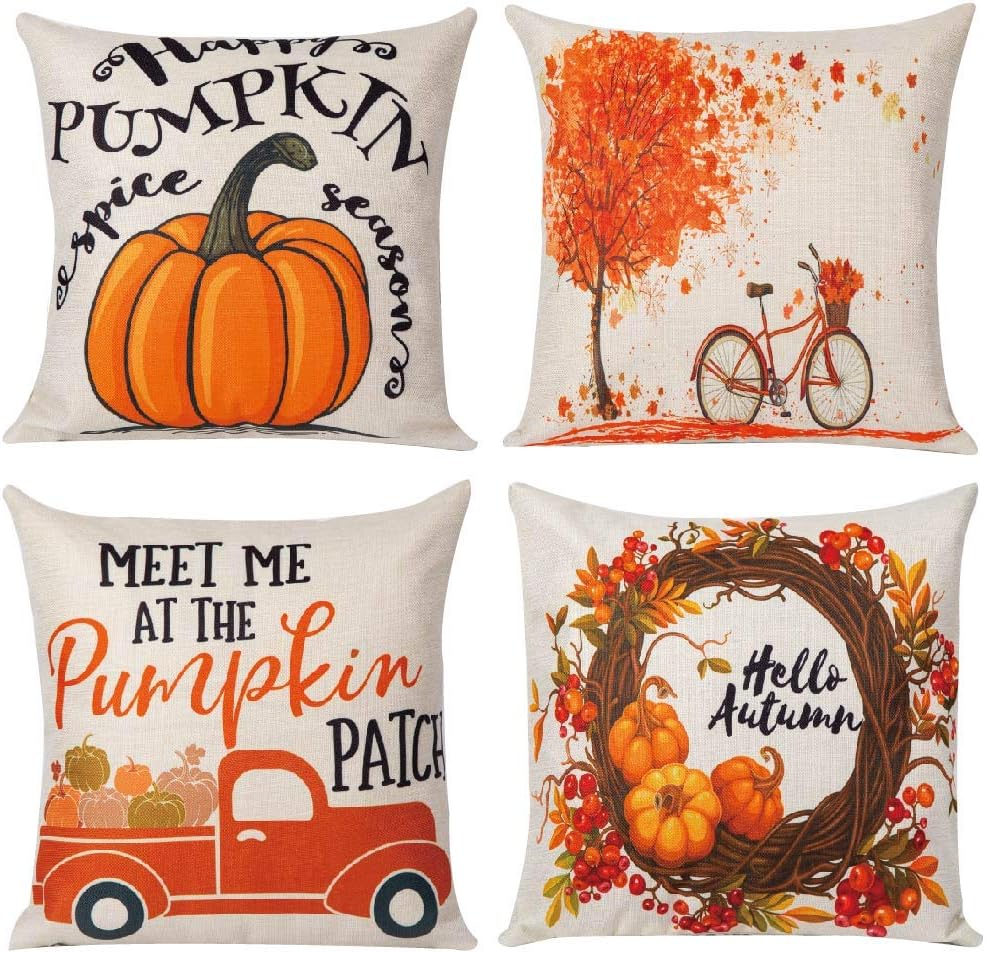 YUESUO 4pcs Fall Pillow Covers 18 x 18 Inches Pumpkin Throw Pillowcase Autumn Decorations Farmhouse Thanksgiving Cushion Case for Home Decor
