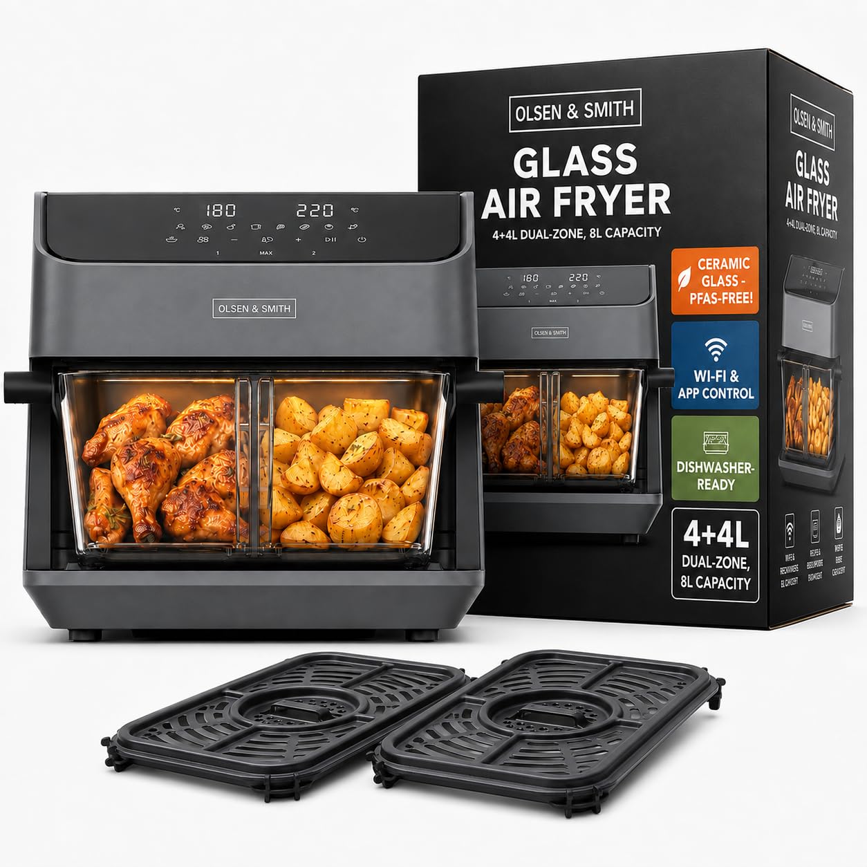 Olsen & Smith Smart 2200W 8L Dual Zone Air Fryer, WiFi & Glass Pot
