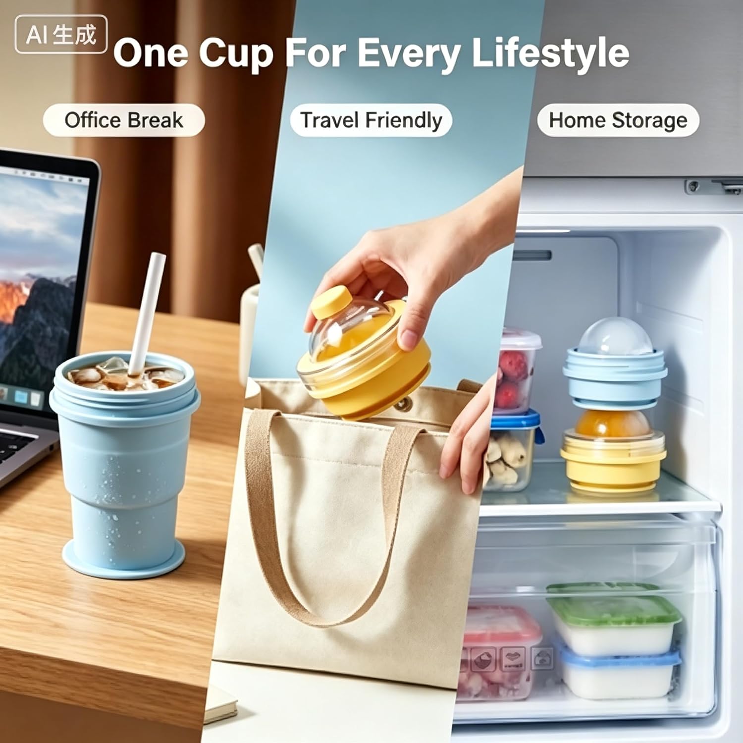 2-in-1 Foldable Silicone Cup with Ice Mold, Built-in Straw Hole, Collapsible, Space-Saving, Portable，Portable for Coffee, Juice, Camping，Hiking (blue yellow, 11 oz) image 5