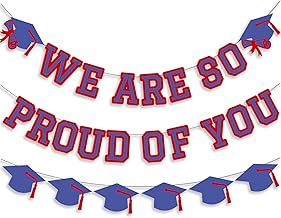 We Are So Proud Of You Banner Graduation Party Decorations Congrats Grad Cap Garlands Wall Sign Blue Red