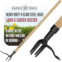 Papa's Tools Stand-Up Weeder: Bamboo Handle Weed Puller with 4-Claw Steel Head - Effortless Root Removal, No Bending