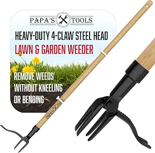 Papa's Tools Stand-Up Weeder: Bamboo Handle Weed Puller with 4-Claw Steel Head - Effortless Root Removal, No Bending