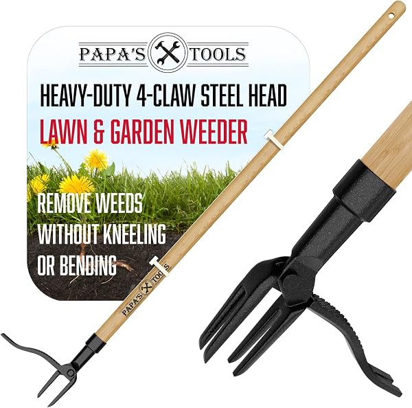 MELISSA AND HARRY Papas Tools Weeder - Stand Up Weed Puller Tool Made with Long Wooden Handle - Real Bamboo & 4-Claw Ste