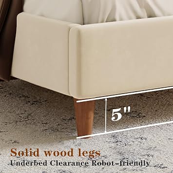 Queen Size Upholstered Platform Bed Frame, Modern Wingback Beds with Tall Headboard, Upholstered Bed Frames with Walnut Wooden Legs, No Box Spring Needed/Easy Assembly, Beige Velvet