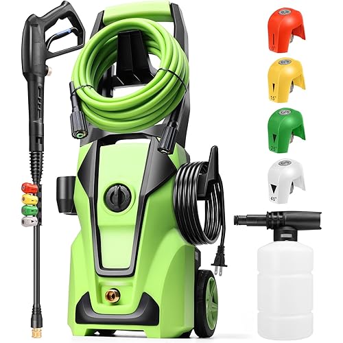 Pressure Cleaner 5000PSI Max 4.0GPM with 33FT Flexible Extension Hose, 4 Nozzles, Foam Cannon, Power Cleaner Powered for Cars, Patios, Driveways, Green