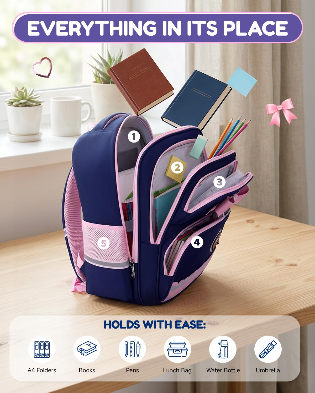 Amythe Zaino Trolley per Bambina Scuola Elementare Leggero, 6 Ruote Blu | Zaino Elementari Bambina con Carrello, Zaini Bambini 6-10 anni Idrorepellente con Fasce Riflettenti e Pettorina, Ritorno