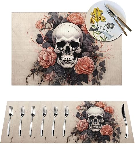 Juego de 6 manteles individuales de PVC, diseño de calavera antigua y flores, antideslizantes, 12 x 18 pulgadas, juego de manteles individuales