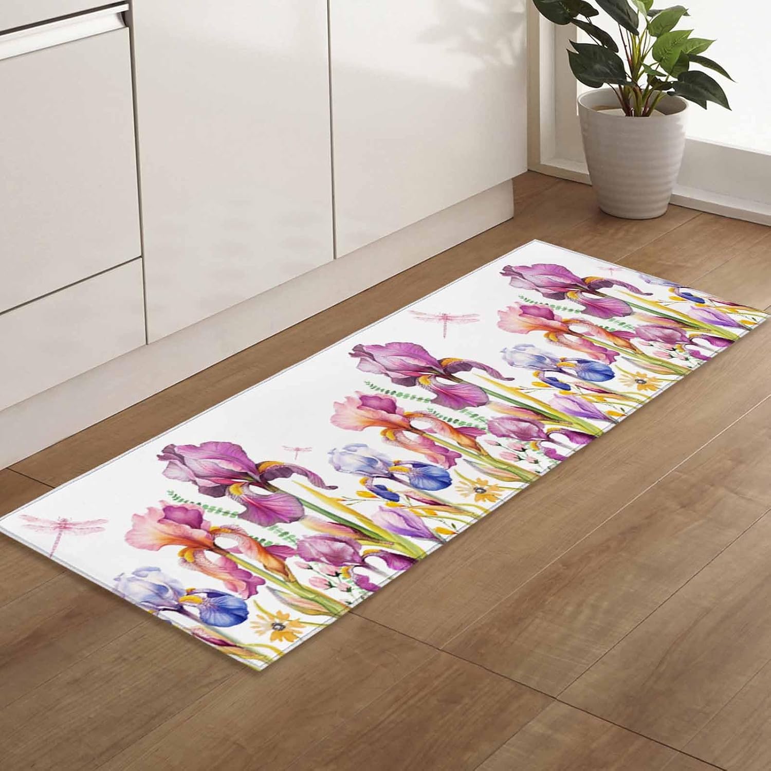 Kitchen Mats for Floor Easter Day Watercolor Iris Flower Washable Non Slip Kitchen Rugs 1PCS, Floral Dragonfly on White Absorbent Standing Mats for Sink Bathroom Office Living Room 15.7x47.2in