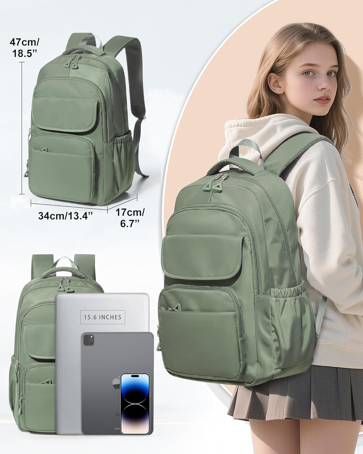 School Backpack for Girls, Water Resistant Backpacks for Girls 15.6 Laptop Multifunction Casual Daypack, Basic College Backpack School Bookbag Mochilas Escolares para Niñas, Green - Image 2