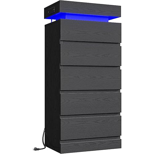 LIKIMIO 54" Tall 5 Drawer Dresser for Bedroom, Black Dresser with LED Light and Power Outlet, Wood Modern Chest of Drawers for Living Room, Entryway, Hallway