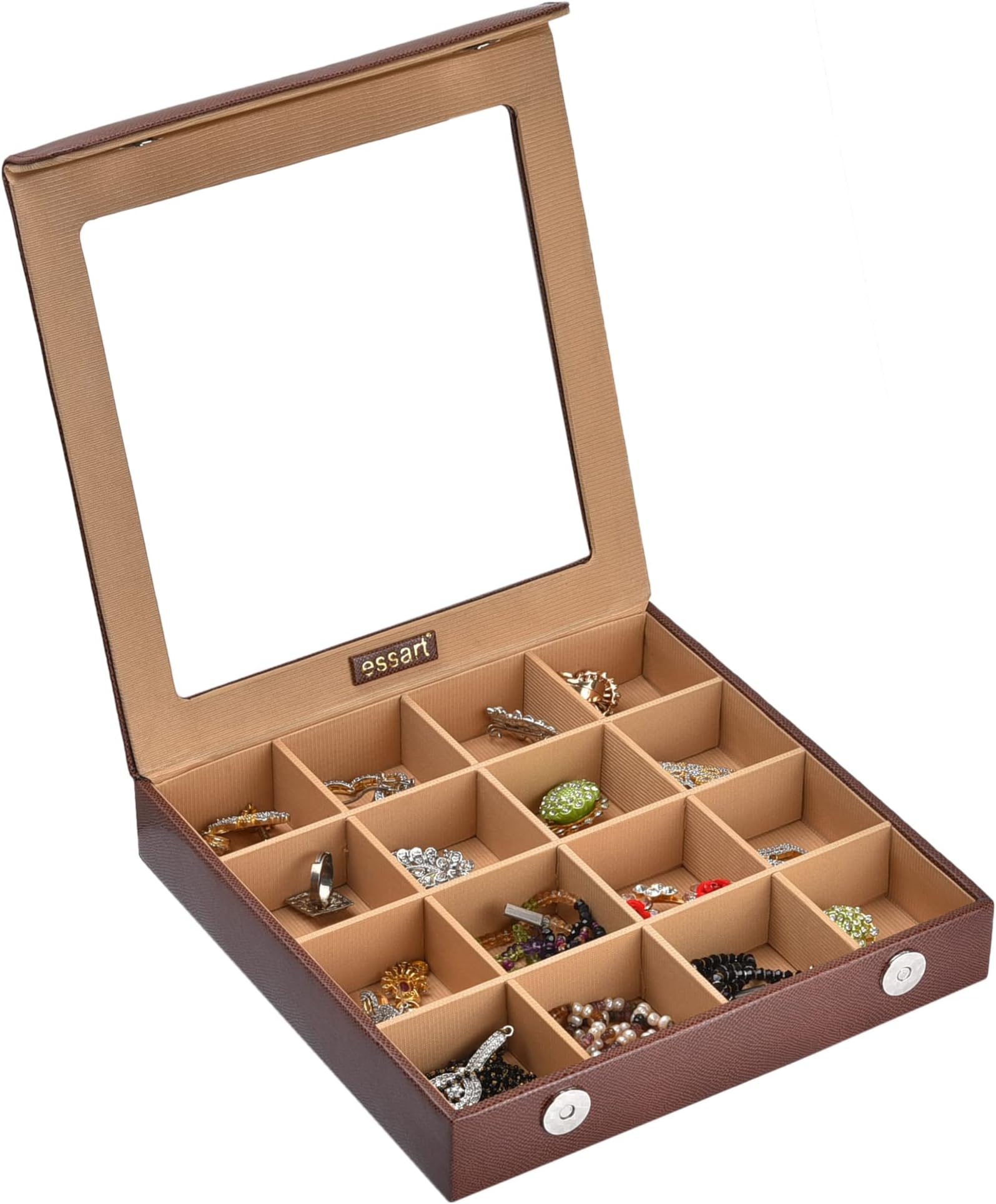 essartessart 16 Slots Jewellery Box, Earring Organizer Box, Jewellery Makeup Vanity Mutli Purpose, Makeup & Cufflinks Box, Cufflinks Box Vanity Jewellery | Colour -Snakebit Brown(Faux Leather)