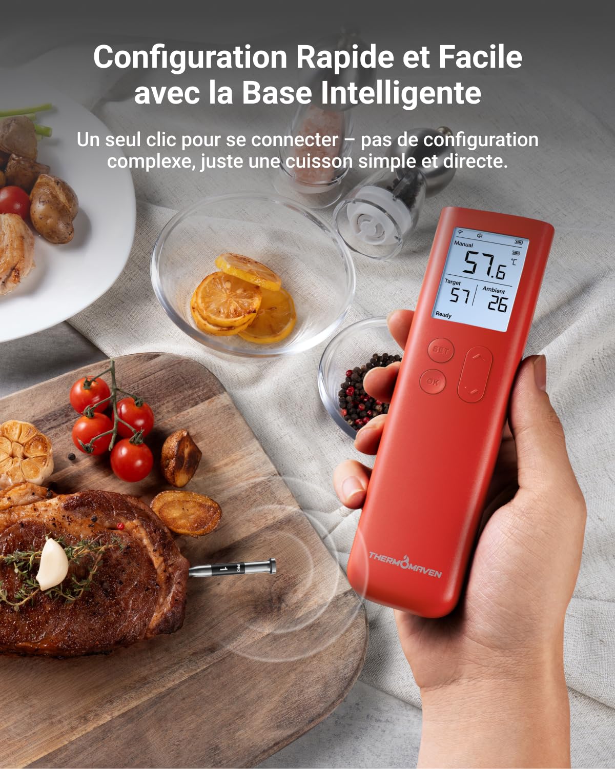 ThermoMaven G1 Thermomètre Cuisine Sans Fil, Wi-Fi et Sub-1G, Signal 10X | 6 Capteurs, Précision ±0,3 °C, Application et Base Intelligente, Étanche IPX8, Thermomètre Viande pour Barbecue, Four, Fumoir