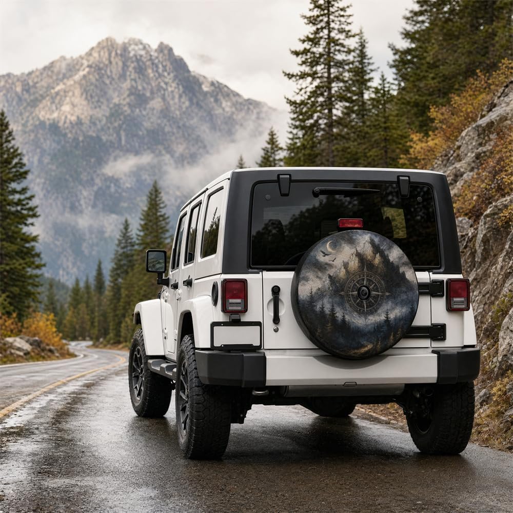18 Inch Vintage Mountain Forest Compass Leather Spare Tire Cover with Backup Camera Hole Universal Wheel Protector for Wrangler Jl SUV Rv Trailer Camper Truck